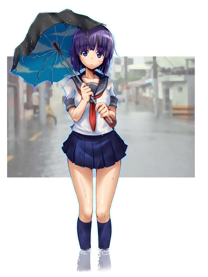 1girl, bangs, black_umbrella, blue_legwear, blue_skirt, blunt_bangs, blurry_background, blush