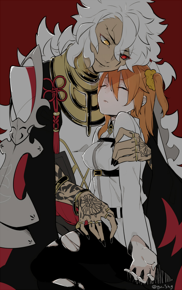 1boy, 1girl, arm_around_shoulder, belt, black_legwear, black_nails, black_sclera, cloak
