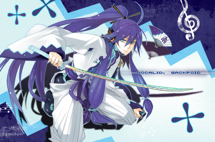 blue_eyes, fan, japanese_clothes, kamui_gakupo, long_hair, male, musical_note, ponytail, purple_hair, sunday31, sword, vocaloid, weapon