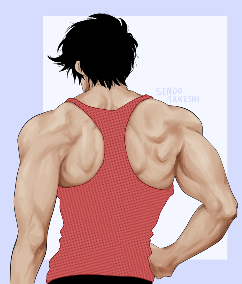 1boy, be-quieter, black_hair, character_name, from_behind, hajime_no_ippo, hand_on_hip, male_focus, muscle, sendou_takeshi, solo, tank_top, unmoving_pattern, upper_body