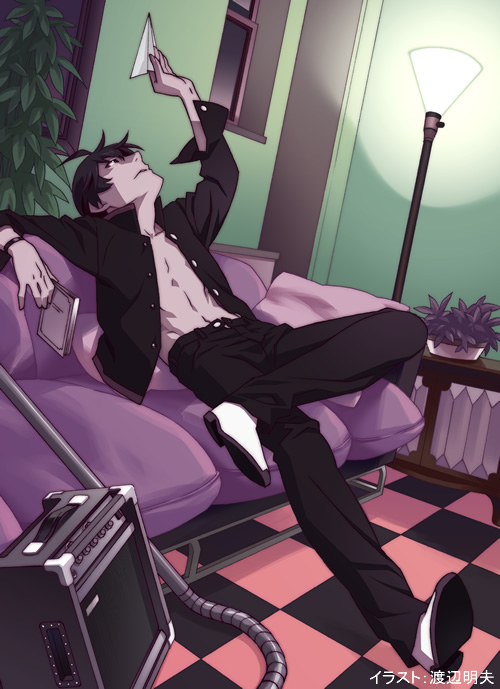 abs, araragi_koyomi, bakemonogatari, bedroom, checkerboard, checkered, lamp, male, monogatari_(series), official_art, open_clothes, open_shirt, paper_airplane, shirt, short_hair, solo, watanabe_akio, white_shoes
