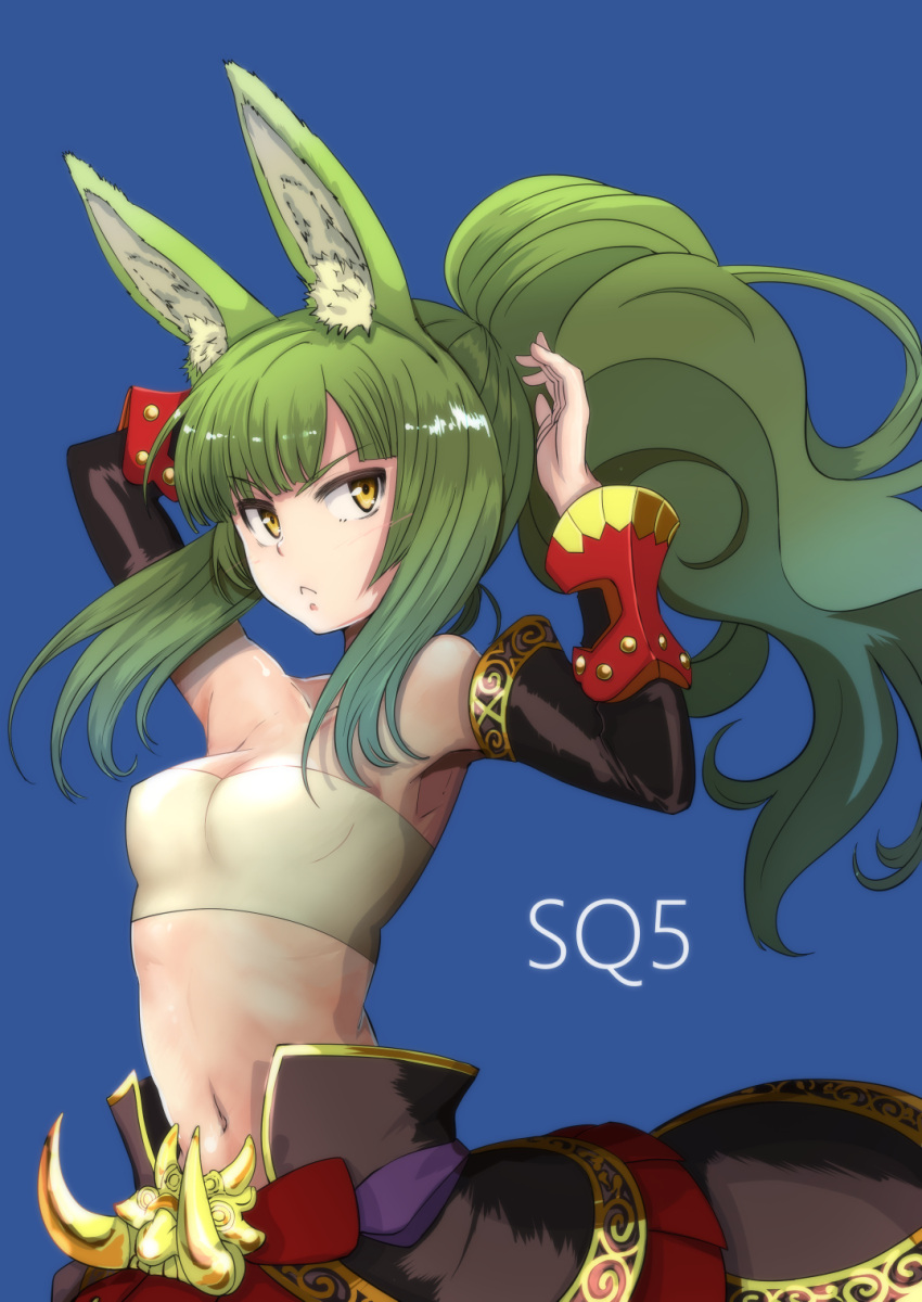 1girl, animal_ears, green_hair, grimjin, highres, long_hair, masurao_(sekaiju), midriff