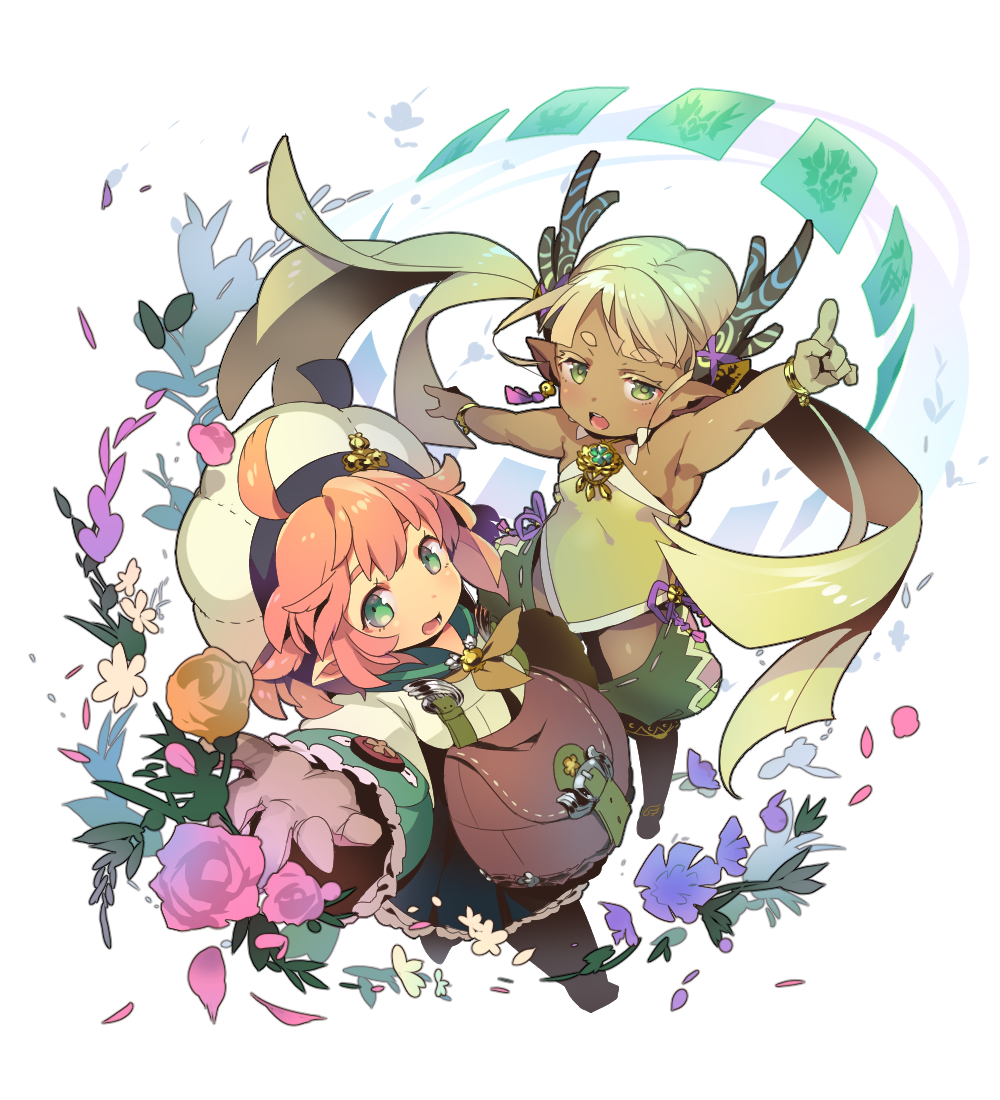 2girls, antlers, arm_up, bag, blonde_hair, bracelet, flower, green_eyes, hat, herbalist_(sekaiju), jewelry, long_hair, mg_kurino, multiple_girls, pink_hair, sekaiju_no_meikyuu, sekaiju_no_meikyuu_5, shaman_(sekaiju), twintails