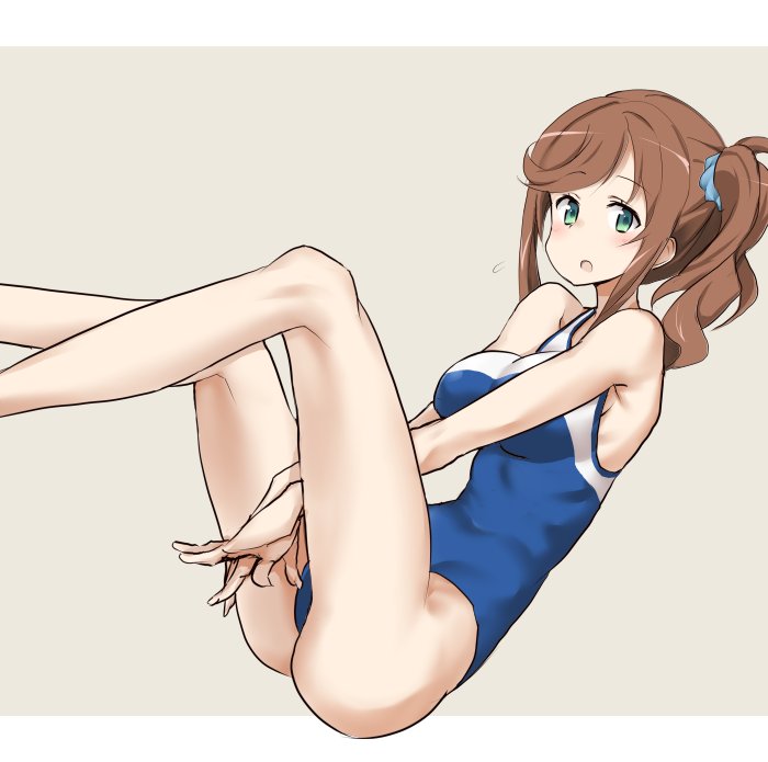 1girl, brown_eyes, coco_nesta, competition_school_swimsuit, competition_swimsuit, green_eyes, hair_ornament, hair_scrunchie