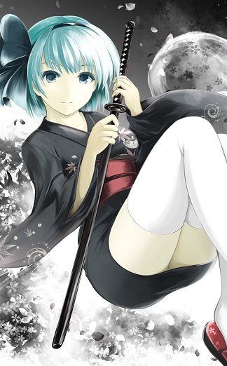 1girl, alternate_eye_color, alternate_hair_color, aqua_eyes, aqua_hair, black_kimono, bob_cut, breasts