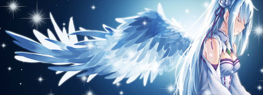 1girl, angel_wings, backlighting, bangs, bare_shoulders, breasts, cleavage, closed_eyes