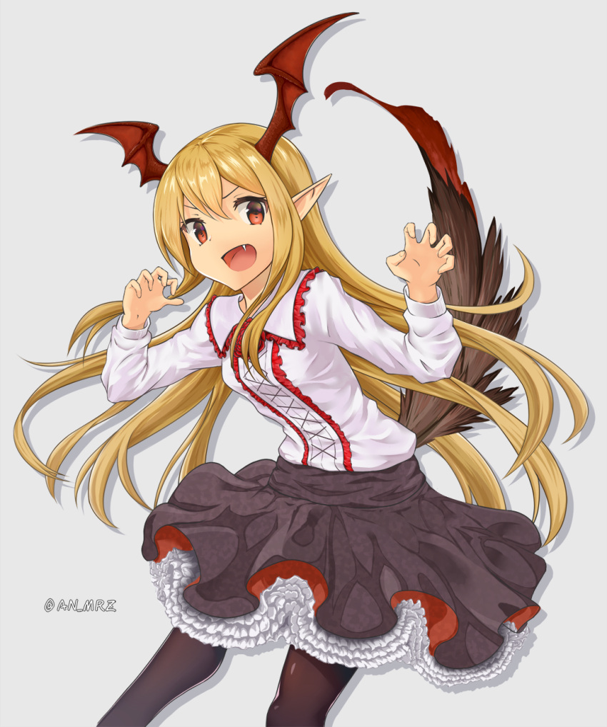 >:d, 1girl, :d, bangs, bat_wings, black_legwear, black_skirt, blonde_hair