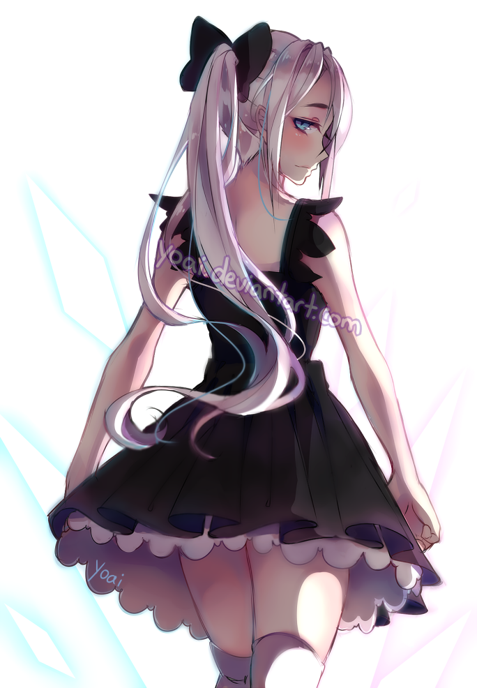 1girl, anny_(yoai), argyle, argyle_background, artist_name, back_cutout, bangs, black_bow, black_dress, blue_eyes, blush, bow, closed_mouth, cowboy_shot, dress, from_behind, hair_between_eyes, hair_bow, light_smile, looking_at_viewer, looking_back, original, profile, short_sleeves, silver_hair, simple_background, single_twintail, solo, standing, thigh-highs, twintails, watermark, web_address, white_background
