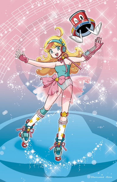 1girl, ahiru_(binmika), asymmetrical_gloves, bare_shoulders, beamed_quavers, blonde_hair, blue_eyes, fingerless_gloves, full_body, gloves, headset, hoshino_nozomi, kneehighs, leotard, musical_note, open_mouth, outstretched_arms, pink_gloves, ribbon, roller_skates, see-through, skates, skirt, smile, solo, sparkle, trillion_starlights
