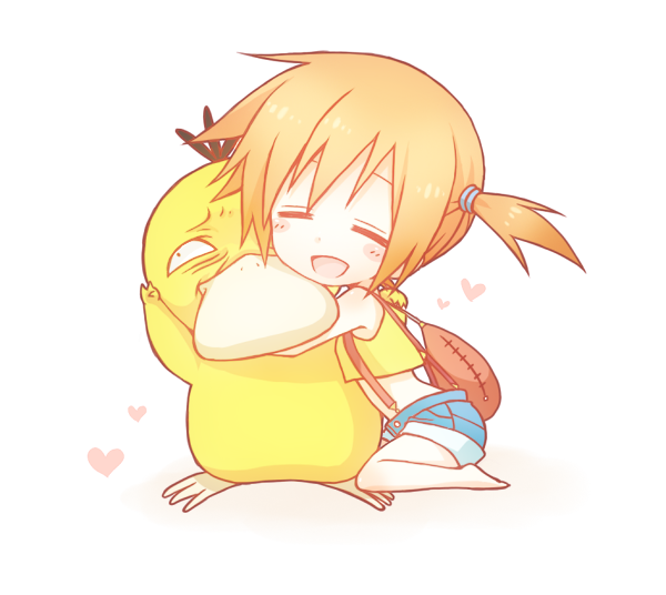backpack, bag, barefoot, blush, chibi, gym_leader, heart, hug