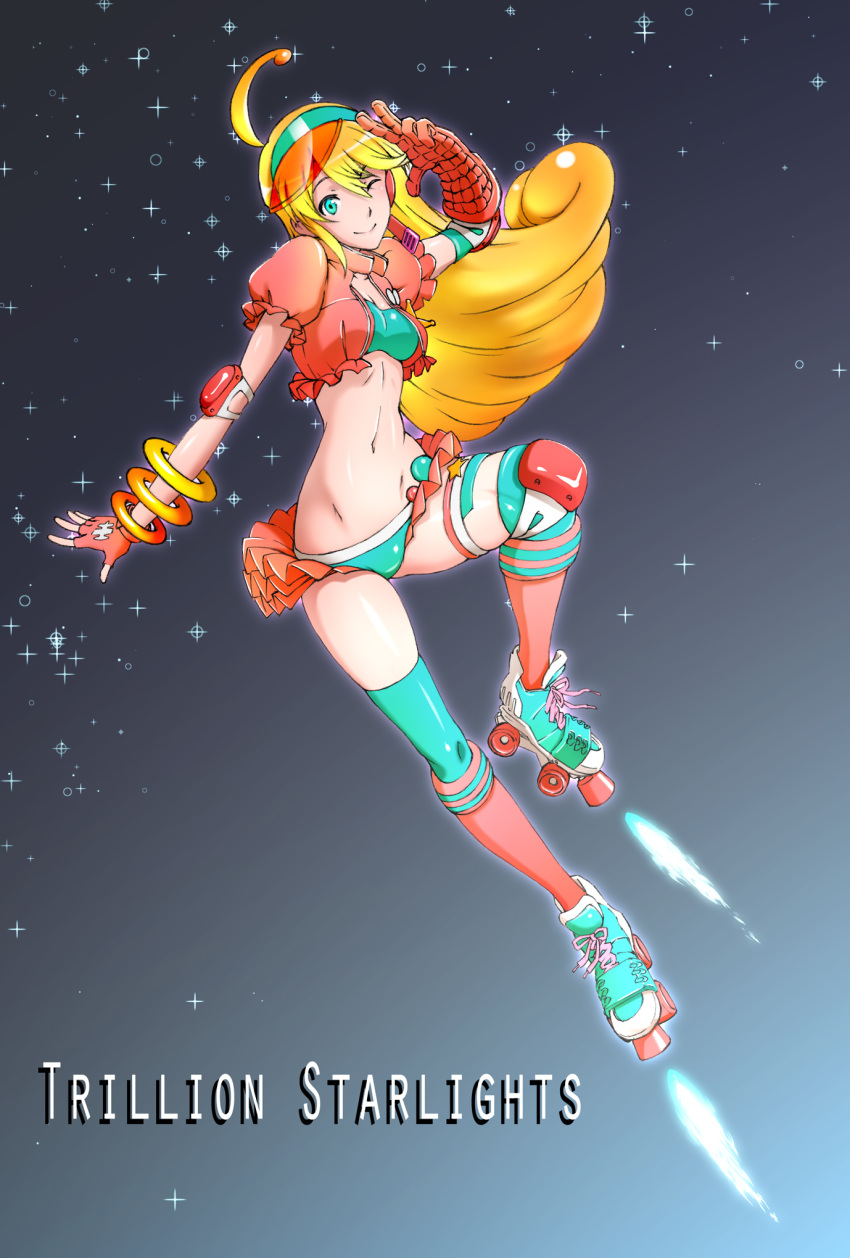 1girl, ahoge, aqua_eyes, asymmetrical_gloves, asymmetrical_legwear, blonde_hair, copyright_name, fingerless_gloves