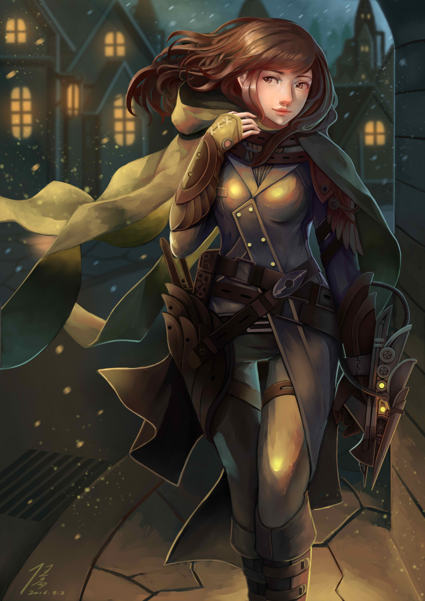 1girl, absurdres, belt, boots, bracer, brown_hair, cloak, cowboy_shot, dated, diandianzai, fingerless_gloves, gloves, gun, highres, hood, hood_down, hooded_cloak, knee_boots, light_smile, lips, long_hair, looking_to_the_side, night, nose, original, outdoors, pantyhose, red_eyes, signature, snowing, solo, town, tunic, walking, weapon, wind
