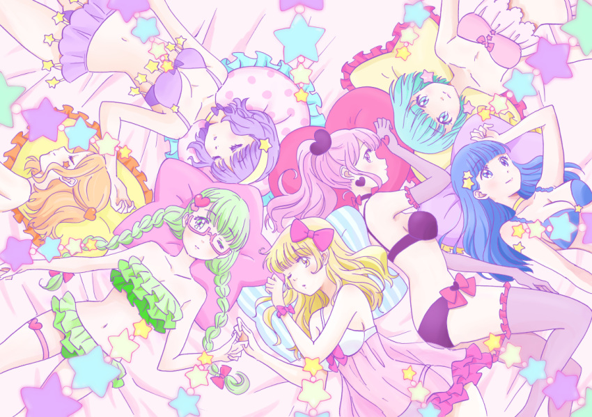 aqua_eyes, aqua_hair, bikini, blonde_hair, blue_eyes, blue_hair, bow, bra, bracelet, braid, breasts, cleavage, closed_eyes, elbow_gloves, frilled_bikini, frills, from_above, from_side, glasses, gloves, green_eyes, green_hair, hair_bow, hair_ornament, heart_hair_ornament, jewelry, legband, lingerie, long_hair, microskirt, mog_(456shiro), navel, one_eye_closed, orange_hair, original, panties, pillow, pink_eyes, pink_hair, polka_dot, purple_gloves, purple_hair, see-through, semi-rimless_glasses, short_hair, skirt, sleeping, smile, star, swimsuit, thigh-highs, twin_braids, under-rim_glasses, underwear, yellow_eyes
