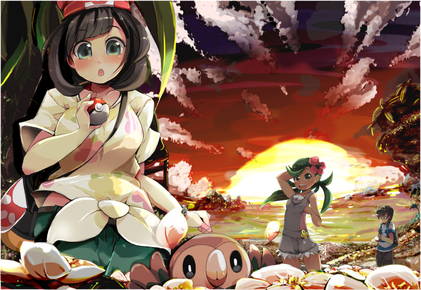 1boy, 2girls, baseball_cap, beanie, bird, black_hair, blue_eyes, female_protagonist_(pokemon_sm), field, flower, flower_field, green_eyes, green_hair, hair_flower, hair_ornament, hat, long_hair, male_protagonist_(pokemon_sm), mallow_(pokemon), multiple_girls, open_mouth, owl, poke_ball, pokemon, pokemon_(creature), pokemon_(game), pokemon_sm, rakkogawa_rinro, red_hat, rowlet, shirt, short_hair, striped, striped_shirt, sunset, t-shirt, twintails