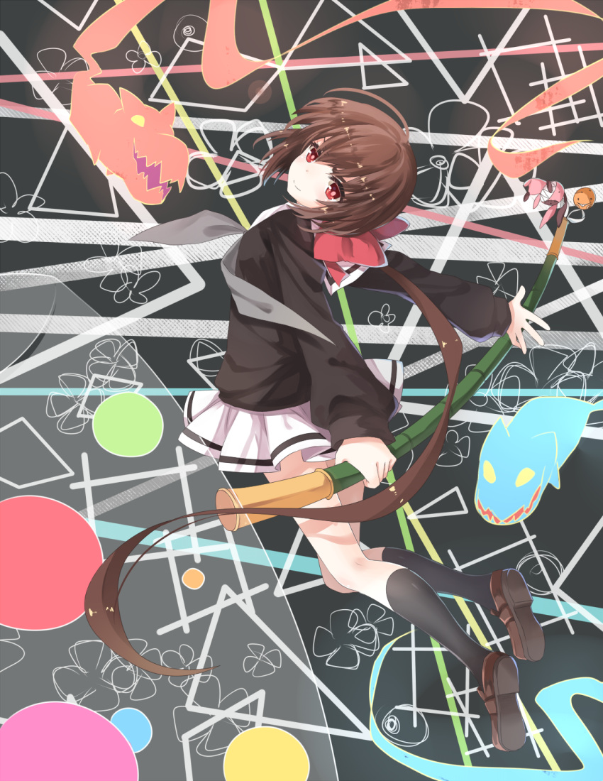 1girl, a_(kyousougiga), bamboo, black_legwear, black_skirt, bow, brown_hair, hair_bow