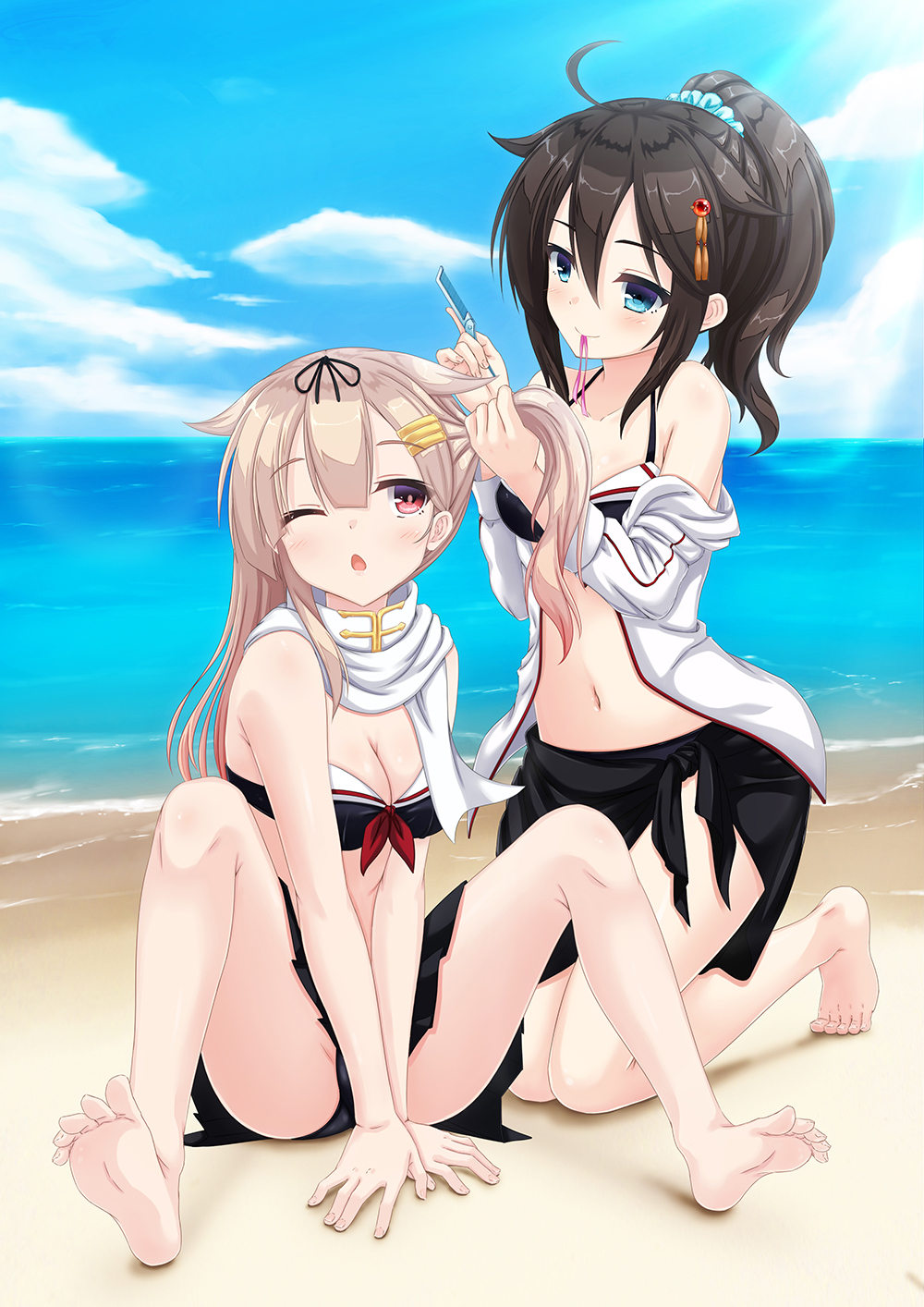 2girls, :>, ;o, ahoge, alternate_hairstyle, bare_arms, bare_shoulders, barefoot