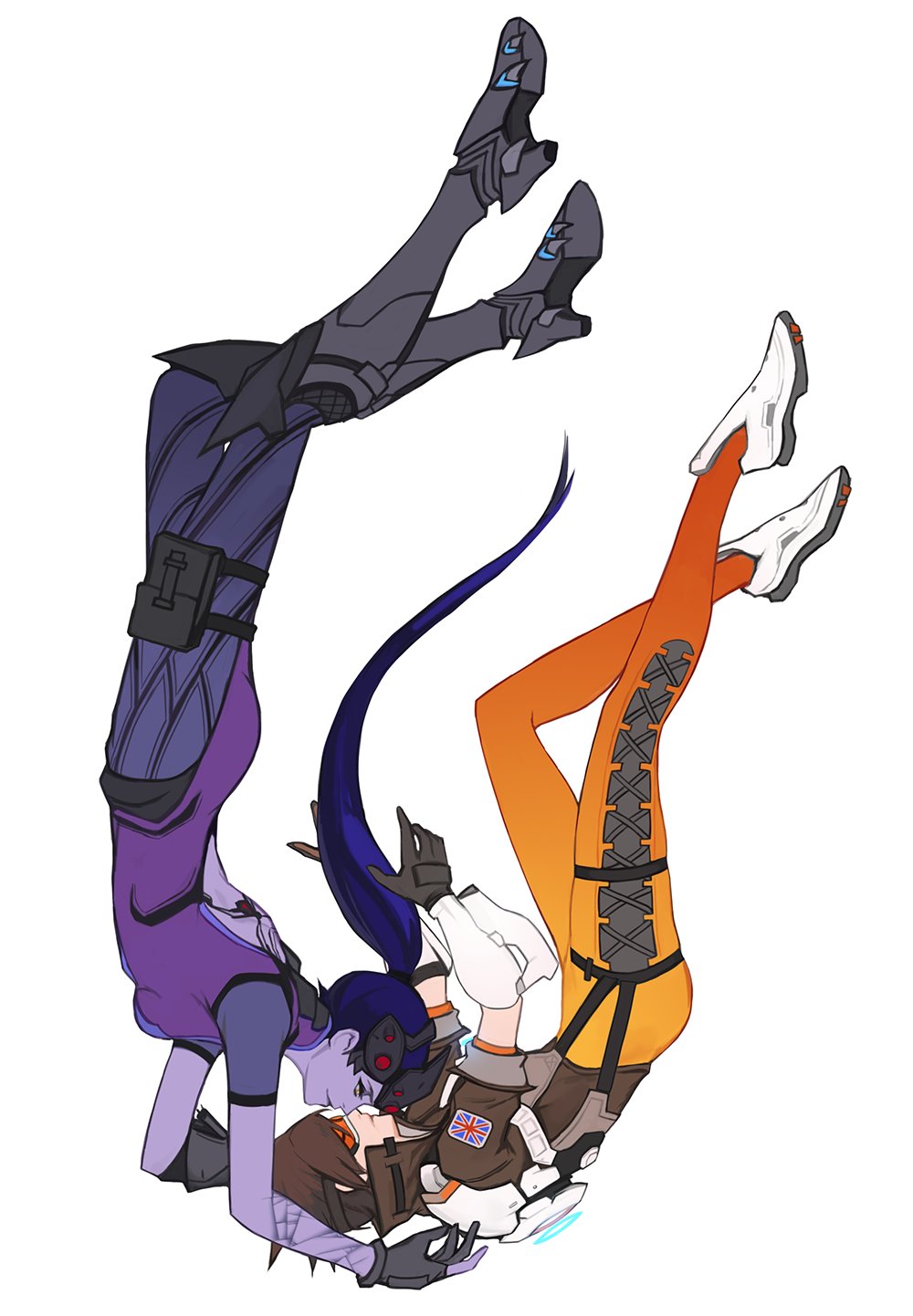 2girls, armor, armored_boots, back_opening, back_tattoo, bangs, bodysuit, bomber_jacket