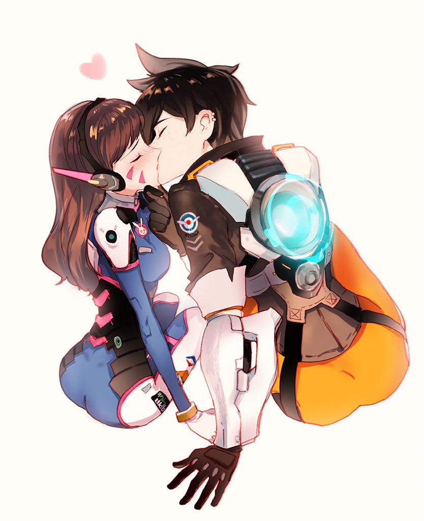 2girls, armor, ass, bangs, bodysuit, bomber_jacket, boots, breasts, brown_gloves, brown_hair, brown_jacket, closed_eyes, cross-laced_clothes, cross-laced_legwear, d.va_(overwatch), emblem, facepaint, facial_mark, freckles, from_behind, fur_trim, gloves, hand_on_another's_chin, harness, headphones, heart, high_collar, jacket, kiss, leather, leather_jacket, logo, long_hair, medium_breasts, military_rank_insignia, multiple_girls, no_goggles, overwatch, pants, pilot_suit, ribbed_bodysuit, shell_(shell518), short_hair, short_sleeves, shoulder_pads, simple_background, sleeves_rolled_up, spiky_hair, swept_bangs, thigh-highs, thigh_boots, thighs, tight, tight_pants, tracer_(overwatch), turtleneck, vambraces, whisker_markings, white_background, white_boots, white_gloves, yuri