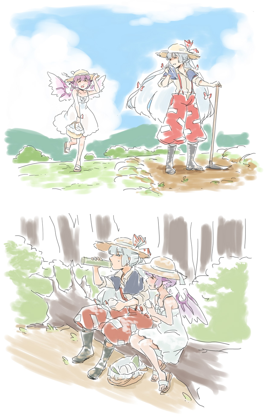 animal_ears, basket, boots, closed_eyes, dress, drinking, farmwork, field, food, fujiwara_no_mokou, happy, hat, highres, holding, holding_hat, mitsumoto, multiple_girls, mystia_lorelei, onigiri, pink_hair, running, sandals, sitting, smile, sun_hat, sundress, touhou, towel, tree, white_dress, white_hair, wings