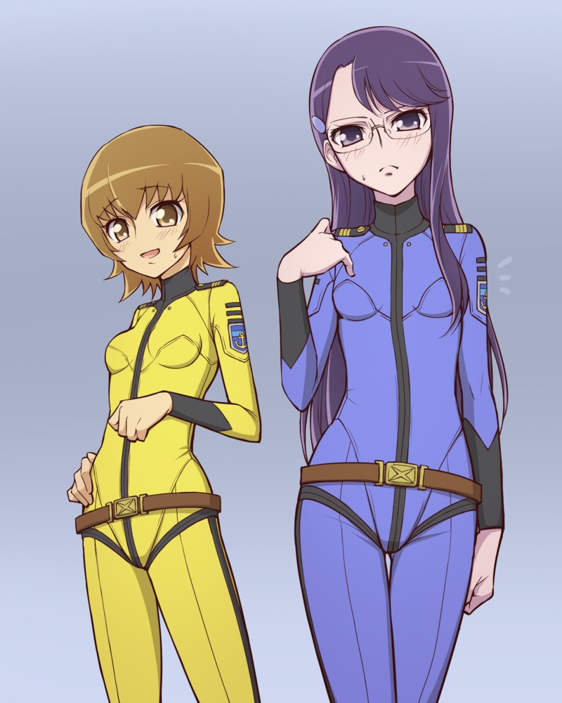 2girls, blush, bodysuit, brown_eyes, brown_hair, cosplay, glasses, hair_ornament