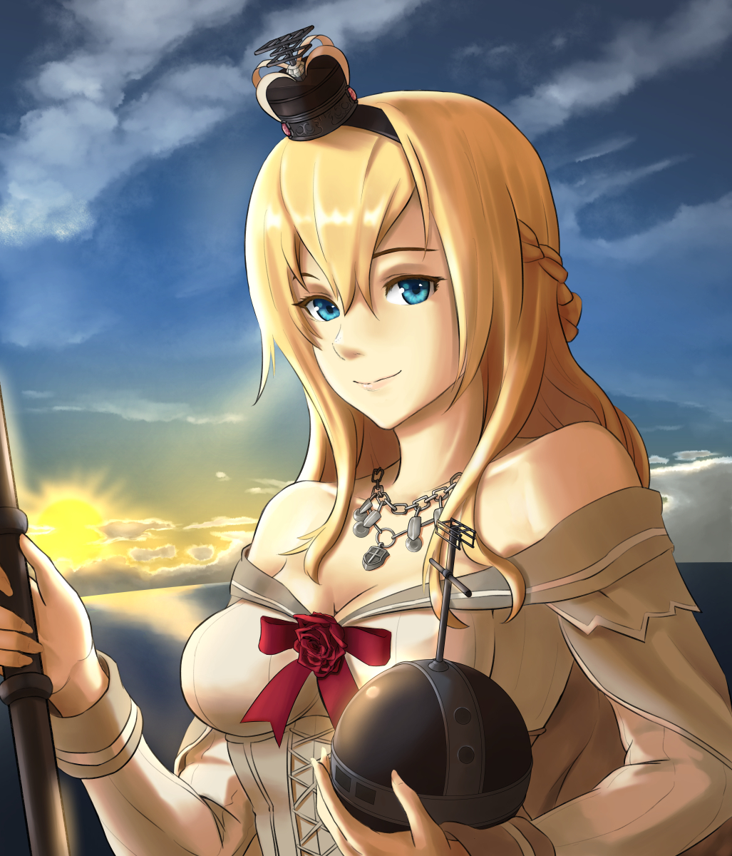 1girl, bare_shoulders, blonde_hair, blue_eyes, braid, breasts, carrying, cleavage, clouds, cloudy_sky, collarbone, commentary, corset, crown, dress, french_braid, globus_cruciger, hairband, highres, holding, horizon, jewelry, kantai_collection, long_hair, looking_at_viewer, mini_crown, necklace, ocean, off-shoulder_dress, off_shoulder, scepter, scrson, sky, smile, solo, sunrise, warspite_(kantai_collection)