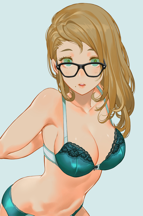 1girl, arms_behind_back, bare_shoulders, blue_bra, blue_panties, blush, bra, breasts