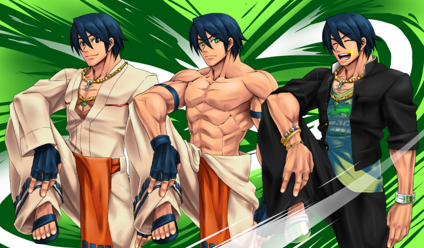 3boys, abs, blue_hair, bracelet, closed_eyes, fingerless_gloves, gloves, green_eyes