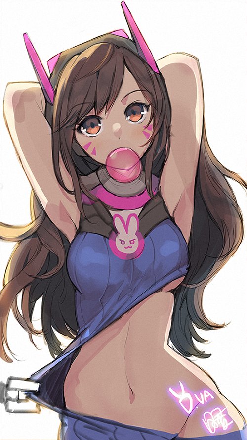 1girl, armpits, arms_behind_head, breasts, brown_hair, character_name, chewing_gum, d.va_(overwatch)