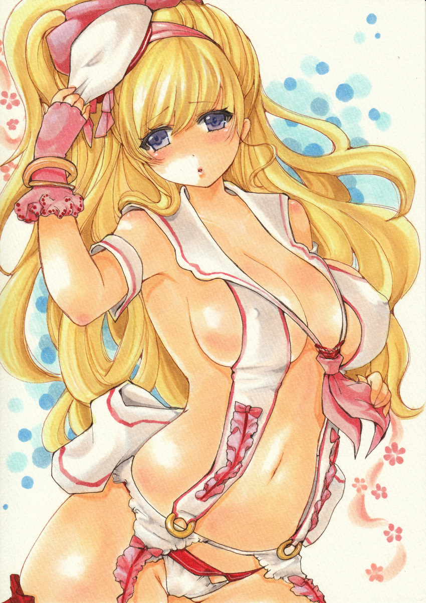 1girl, :o, absurdres, asahina_mirai, blonde_hair, blush, breasts, center_opening