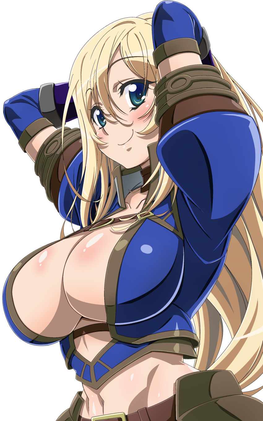 1girl, absurdres, armor, arms_behind_head, arms_up, asuru_(armor), blonde_hair, blue_eyes, blush, breasts, center_opening, clarice_(mezeporta_kaitaku-ki), cleavage, closed_mouth, commentary_request, elbow_gloves, gloves, goridou, groin, highres, large_breasts, long_hair, looking_at_viewer, monster_hunter, monster_hunter_mezeporta_kaitaku-ki, navel, puffy_short_sleeves, puffy_sleeves, purple_gloves, short_sleeves, simple_background, smile, solo, stomach, upper_body, white_background