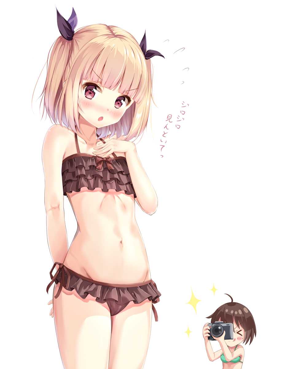 >:q, >_o, 2girls, ;9, ahoge, arm_behind_back, bikini, black_ribbon