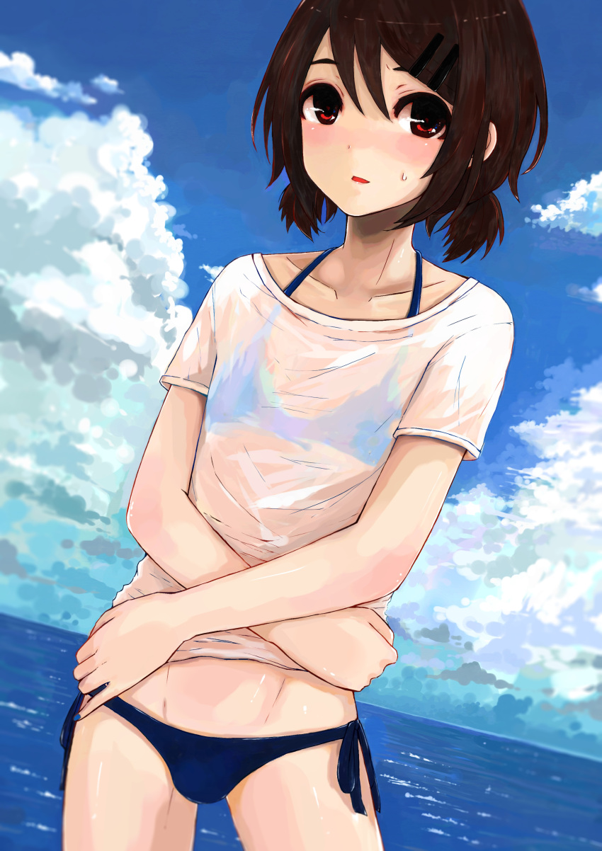 1boy, :>, absurdres, bangs, bikini, bikini_under_clothes, blue_bikini, blue_nails