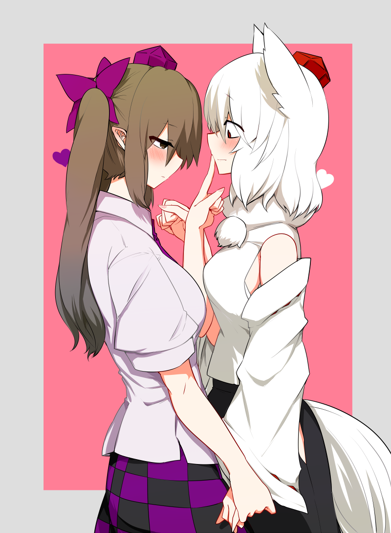 2girls, albino, animal_ears, bare_shoulders, black_skirt, blush, breasts, brown_eyes