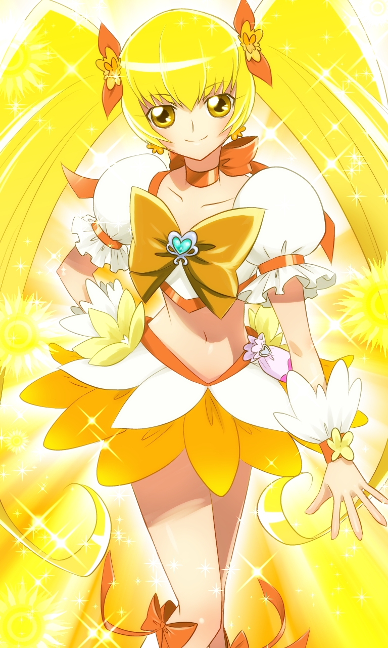 1girl, blonde_hair, bow, cure_sunshine, hair_ribbon, heartcatch_precure!, highres, long_hair, magical_girl, midriff, momoiro_manjiryuu, myoudouin_itsuki, navel, orange_bow, orange_skirt, precure, ribbon, skirt, smile, solo, twintails, wrist_cuffs, yellow, yellow_background, yellow_eyes