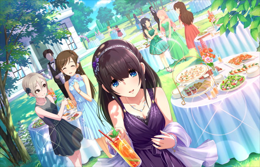 2boys, 6+girls, ^_^, artist_request, bangs, bare_shoulders, blue_eyes, bracelet