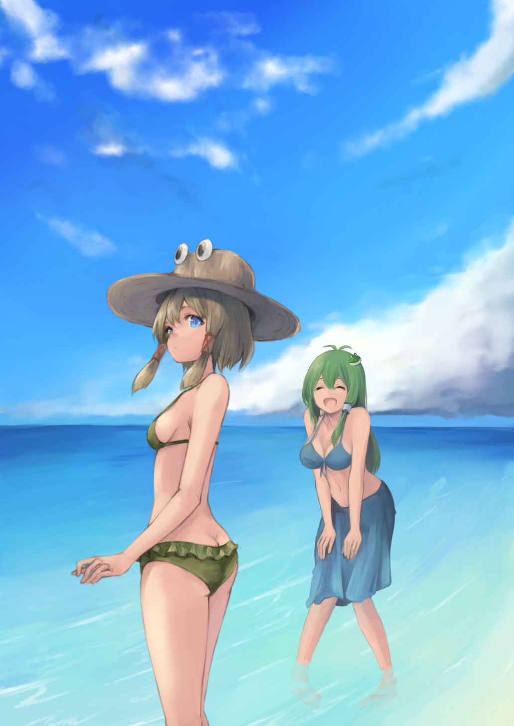2girls, alternate_costume, ass, bad_id, bikini, blonde_hair, blue_bikini, blue_eyes, breasts, closed_eyes, frills, frog_hair_ornament, front-tie_top, green_bikini, green_hair, hair_ornament, hand_on_legs, highres, kochiya_sanae, koretsuki_aduma, leaning_forward, looking_at_viewer, medium_breasts, midriff, moriya_suwako, multiple_girls, pyonta, sarong, sideboob, sidelocks, small_breasts, swimsuit, thighs, touhou, water