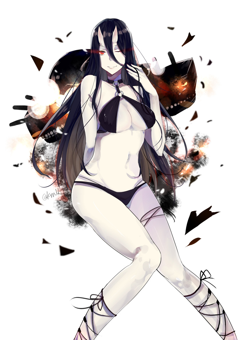 1girl, ;), arm_behind_back, bare_shoulders, battleship_hime, battleship_summer_hime, bikini, black_bikini