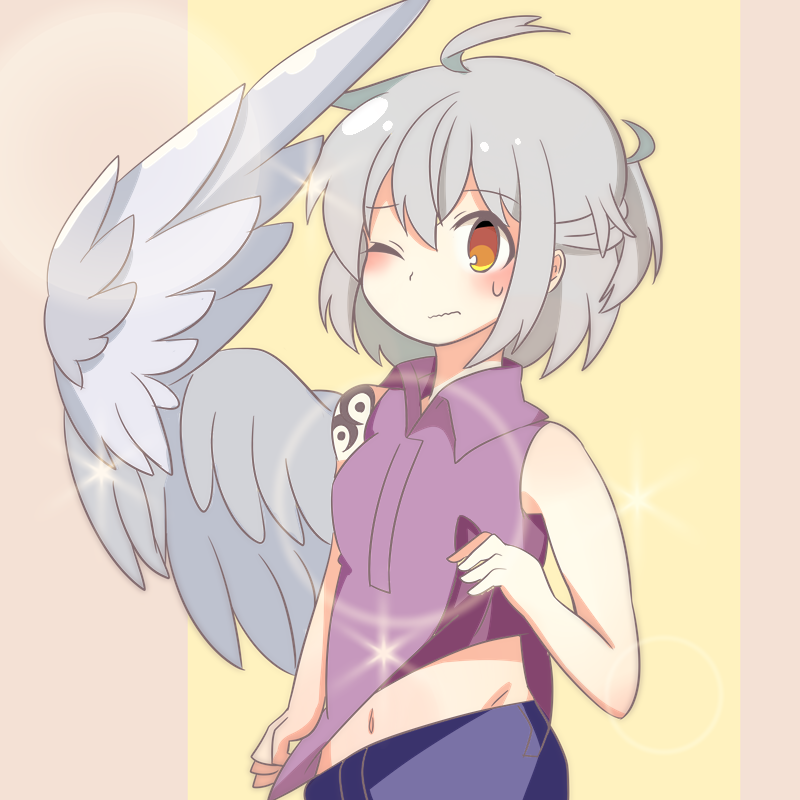 1girl, ;(, adapted_costume, ahoge, bare_arms, blush, buna_shimeji_(keymush), casual, collared_shirt, denim, grey_hair, half_updo, jeans, kishin_sagume, navel, one_eye_closed, pants, red_eyes, shading_eyes, shirt, shirt_lift, short_hair, shoulder_tattoo, simple_background, single_wing, sleeveless, solo, sparkle, sweat, tattoo, touhou, wavy_mouth, wince, wings