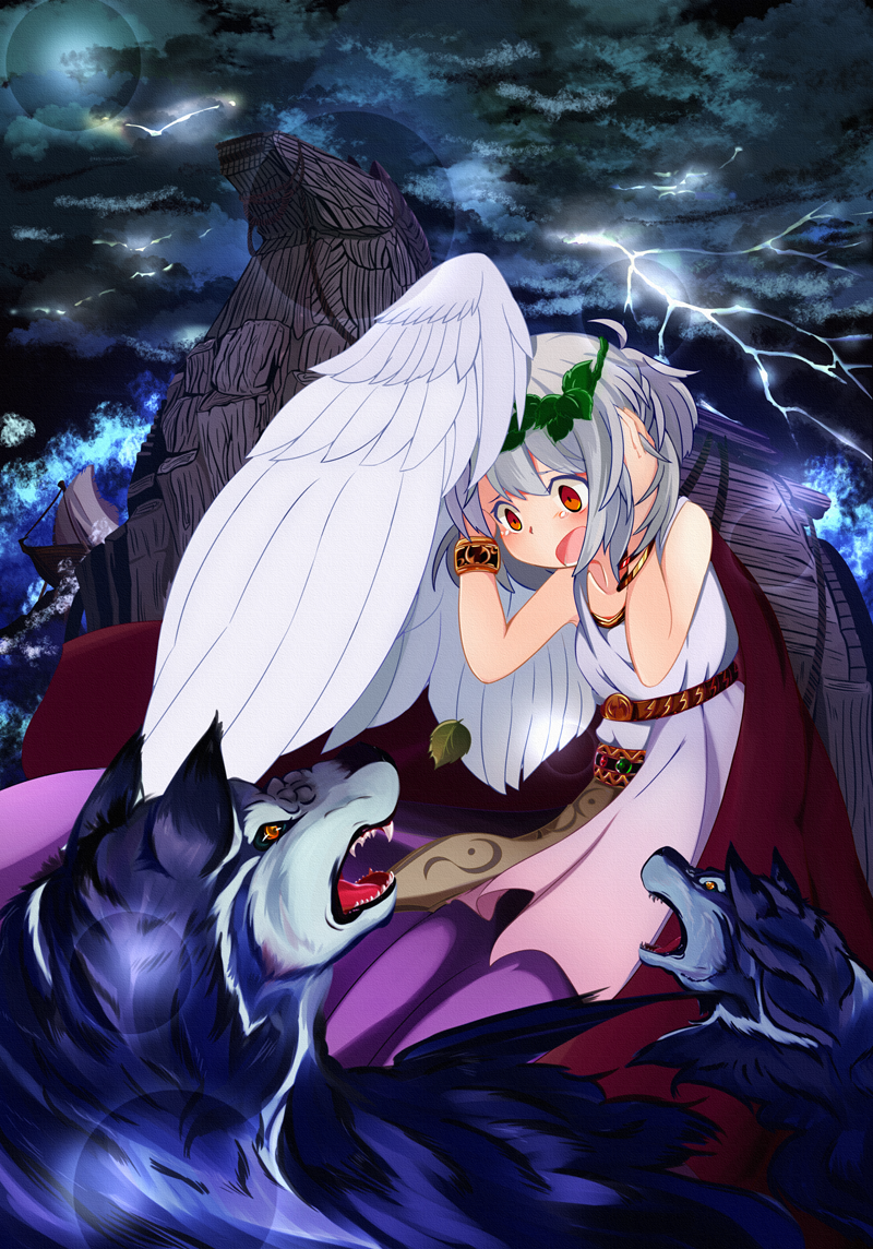 1girl, bangle, bare_arms, bare_shoulders, belt, blush, boat, bracelet, buna_shimeji_(keymush), cape, covering_ears, d:, dark_sky, gem, grey_hair, jewelry, kishin_sagume, laurel_crown, leaf, lightning, ocean, open_mouth, red_eyes, roman_clothes, scared, ship, short_hair, single_wing, solo, tears, teeth, toga, touhou, trojan_horse, watercraft, wings, wolf, wreath