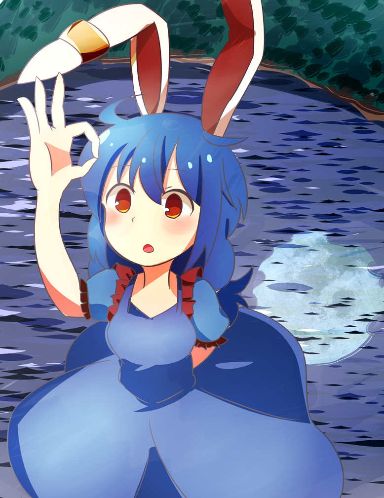1girl, ahoge, animal_ears, arm_behind_back, blue_hair, blush, buna_shimeji_(keymush), dress