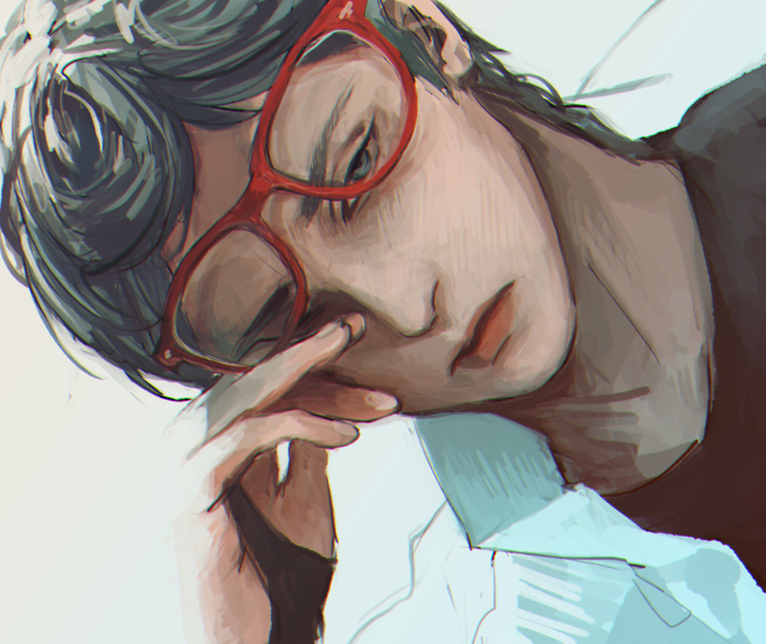 1boy, aqua_eyes, aqua_hair, curly_hair, dutch_angle, face, ghiaccio, glasses