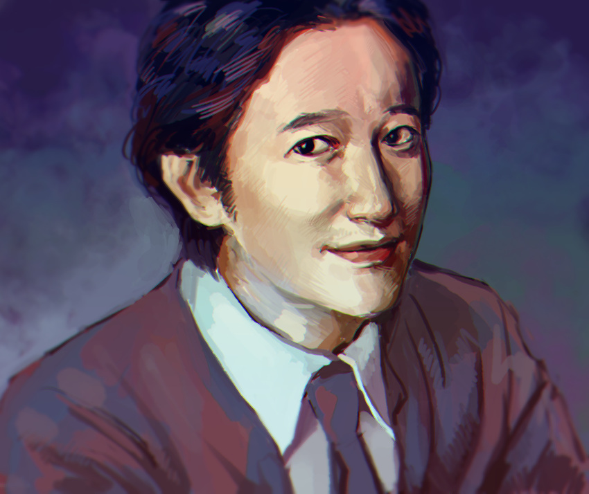 1boy, araki_hirohiko_(person), black_eyes, black_hair, chromatic_aberration, formal, highres, male_focus