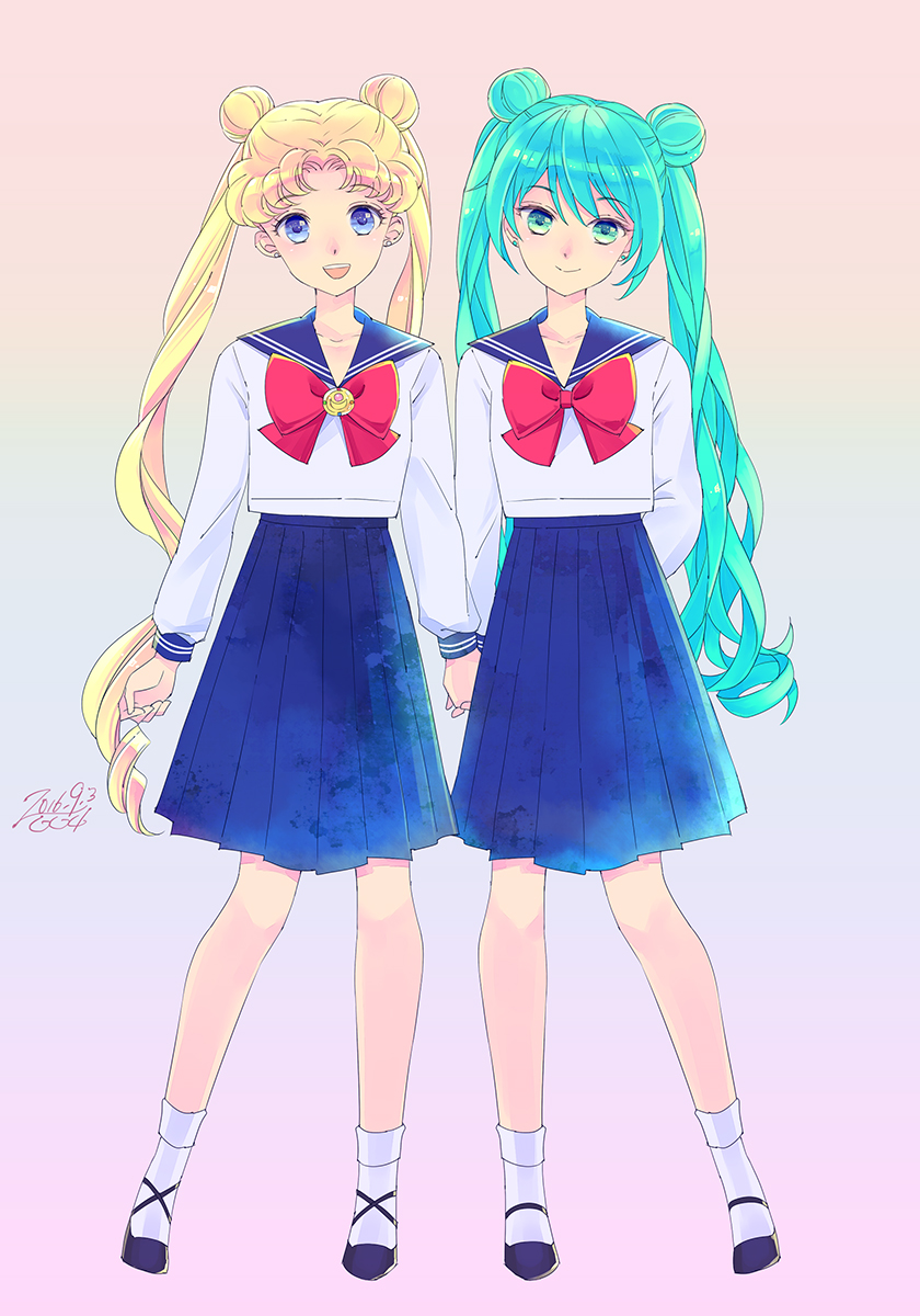 2girls, aqua_hair, bishoujo_senshi_sailor_moon, blonde_hair, blue_eyes, double_bun, green_eyes, hatsune_miku