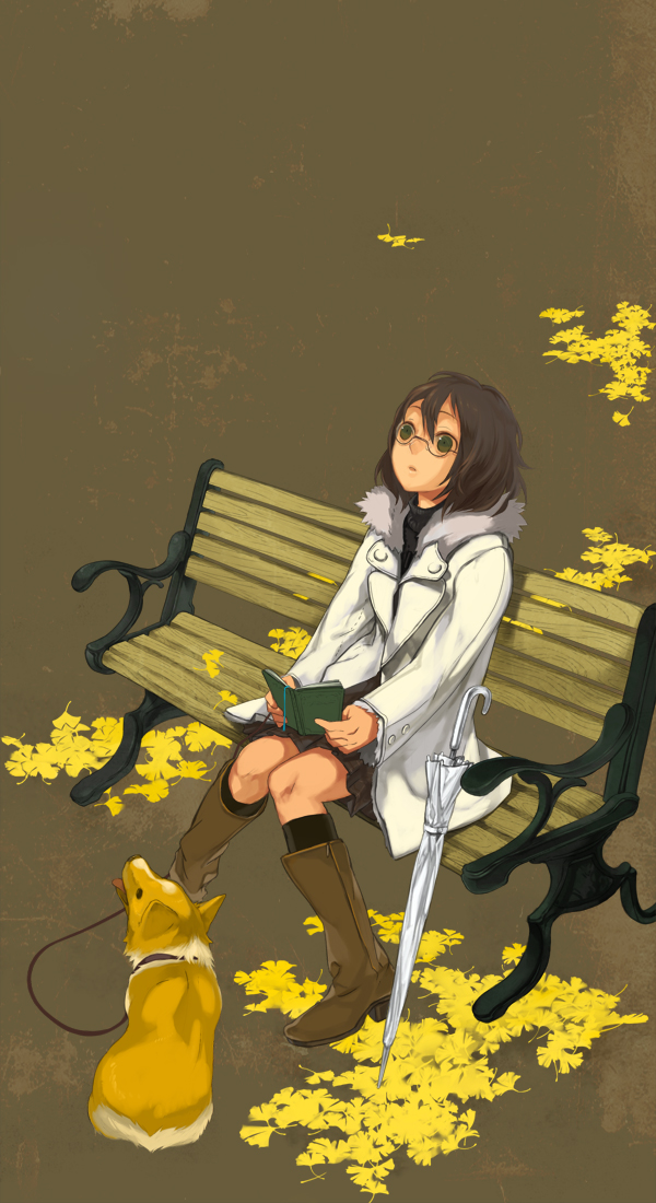 bad_id, bench, book, boots, coat, dog, glasses, green_eyes