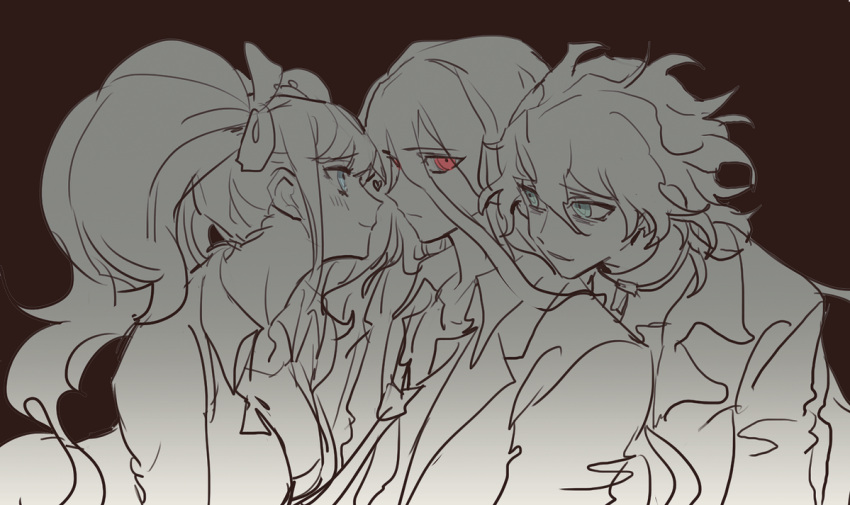 1girl, 2boys, blue_eyes, dangan_ronpa, enoshima_junko, grey_eyes, kamukura_izuru, komaeda_nagito