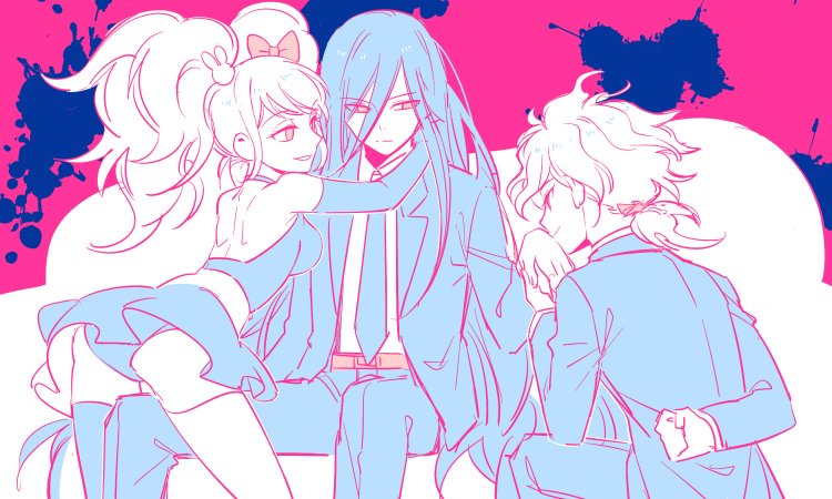 1girl, 2boys, dangan_ronpa, dangan_ronpa_3, enoshima_junko, formal, hanakan, hand_kiss, kamukura_izuru, kiss, komaeda_nagito, long_hair, multiple_boys, necktie, on_lap, smile, super_dangan_ronpa_2, twintails