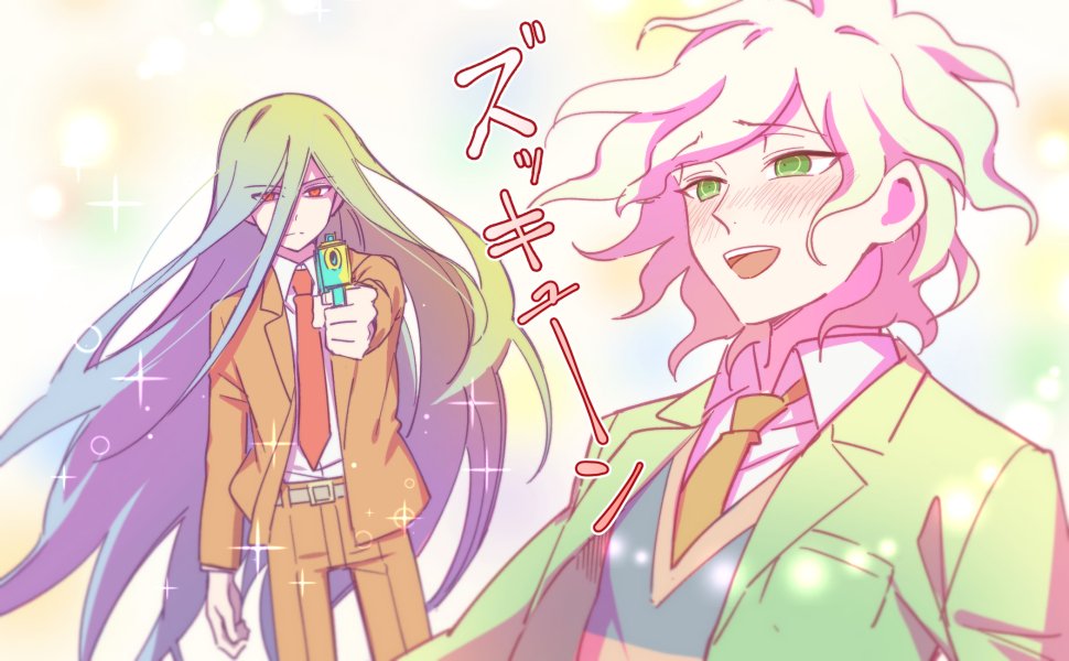 2boys, blush, dangan_ronpa, dangan_ronpa_3, green_eyes, gun, hanakan, kamukura_izuru