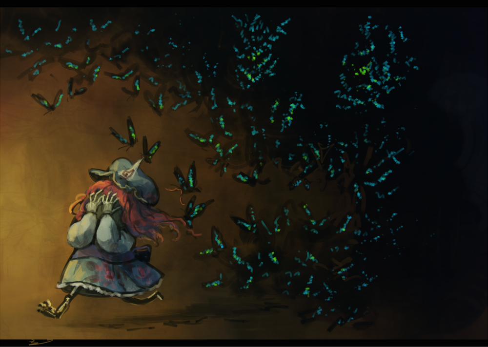 1girl, butterfly, commentary_request, covering_face, fleeing, hat, koto_inari, long_hair