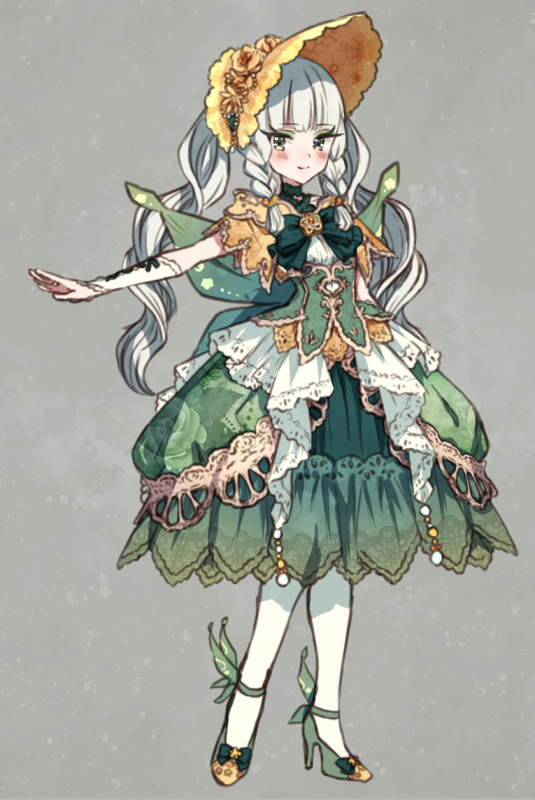 1girl, arm_warmers, bangs, blush, bonnet, braid, dress, florges