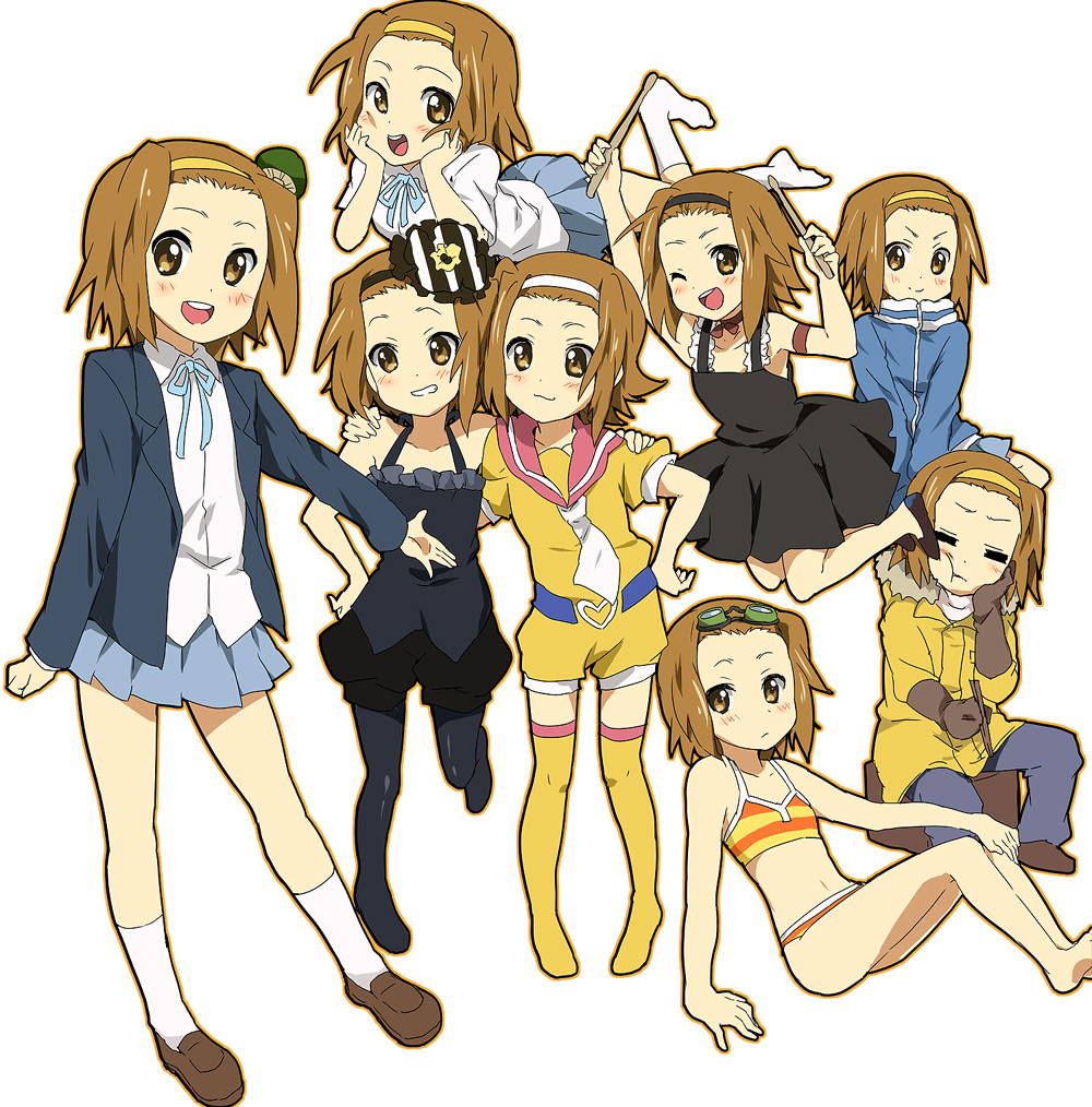 1girl, barefoot, bikini, blazer, boots, brown_eyes, brown_hair, coat, don't_say_"lazy", don't_say_lazy, dress, drumsticks, expressions, fuwafuwa_time, hairband, jacket, k-on!, maruki_(punchiki), mod_fashion, mushroom, pantyhose, sailor_collar, school_uniform, smile, socks, solo, striped, striped_bikini, striped_swimsuit, swimsuit, tainaka_ritsu, thigh-highs, thigh_boots, thighhighs, tomboy, white_legwear, white_socks, winter_clothes